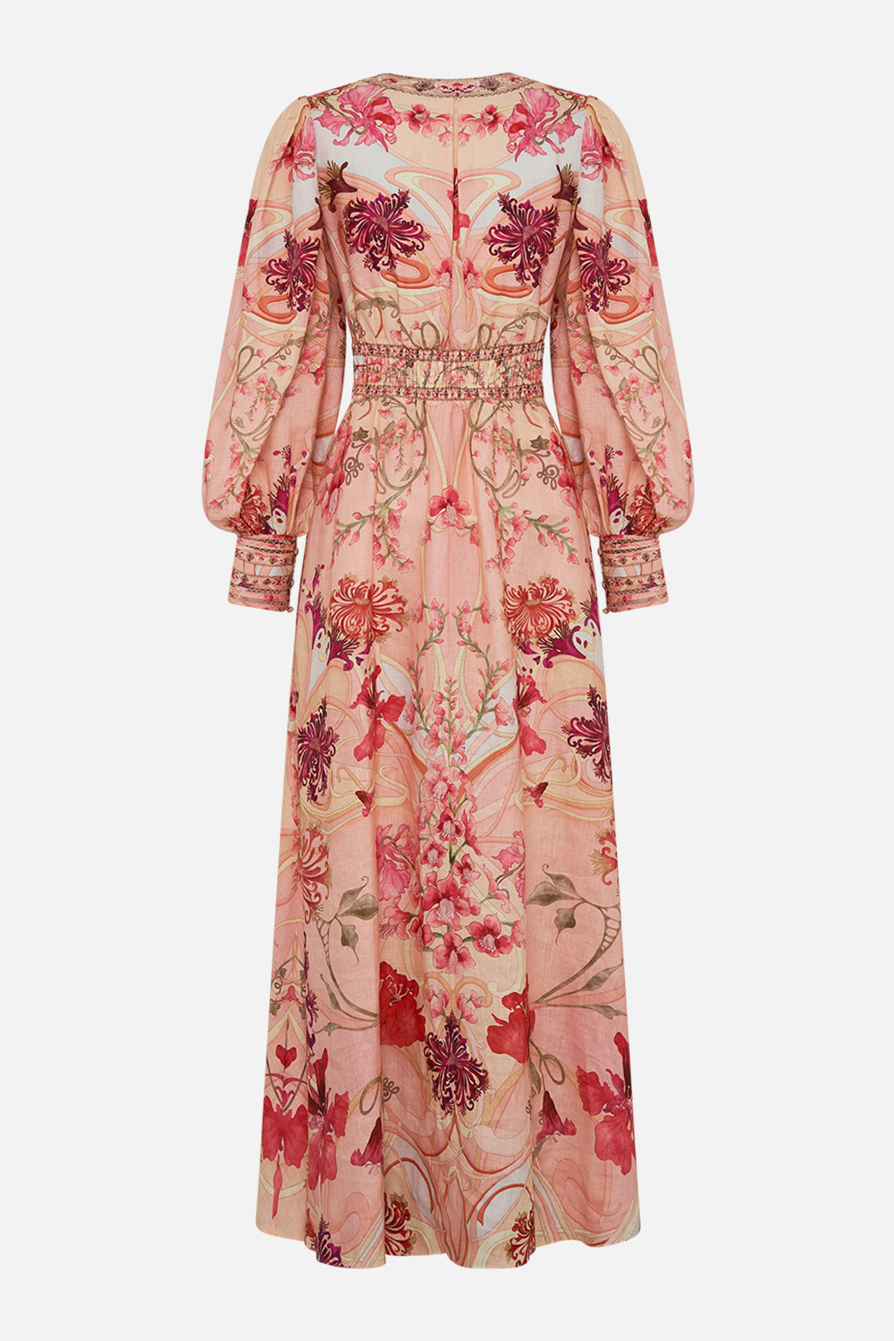 CAMILLA Floral Shaped Waistband Dress with Gathered Sleeves in Blossoms and Brushstrokes print