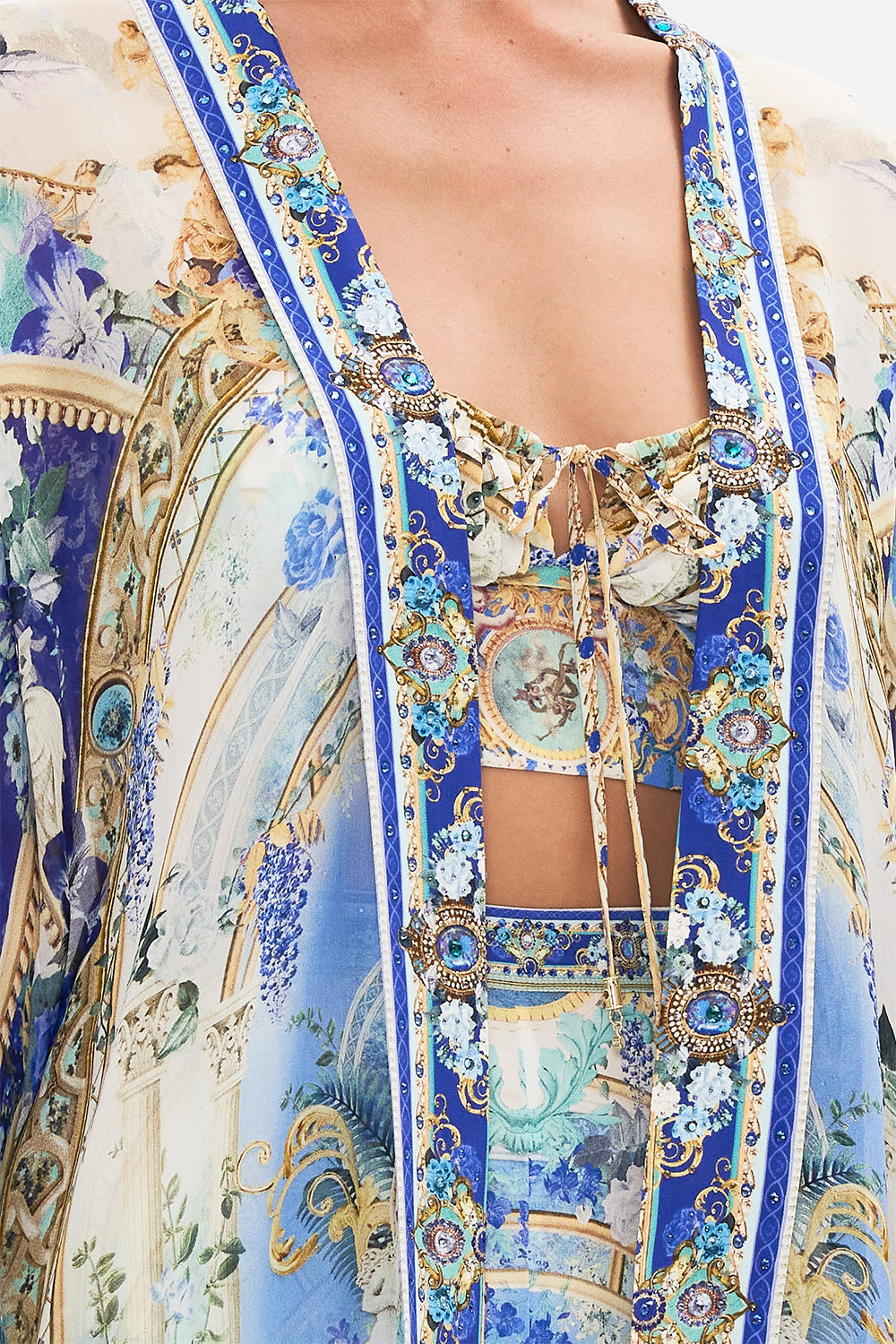 Detail view of model wearing CAMILLA silk kimono layer in Views Of Vesuvius print