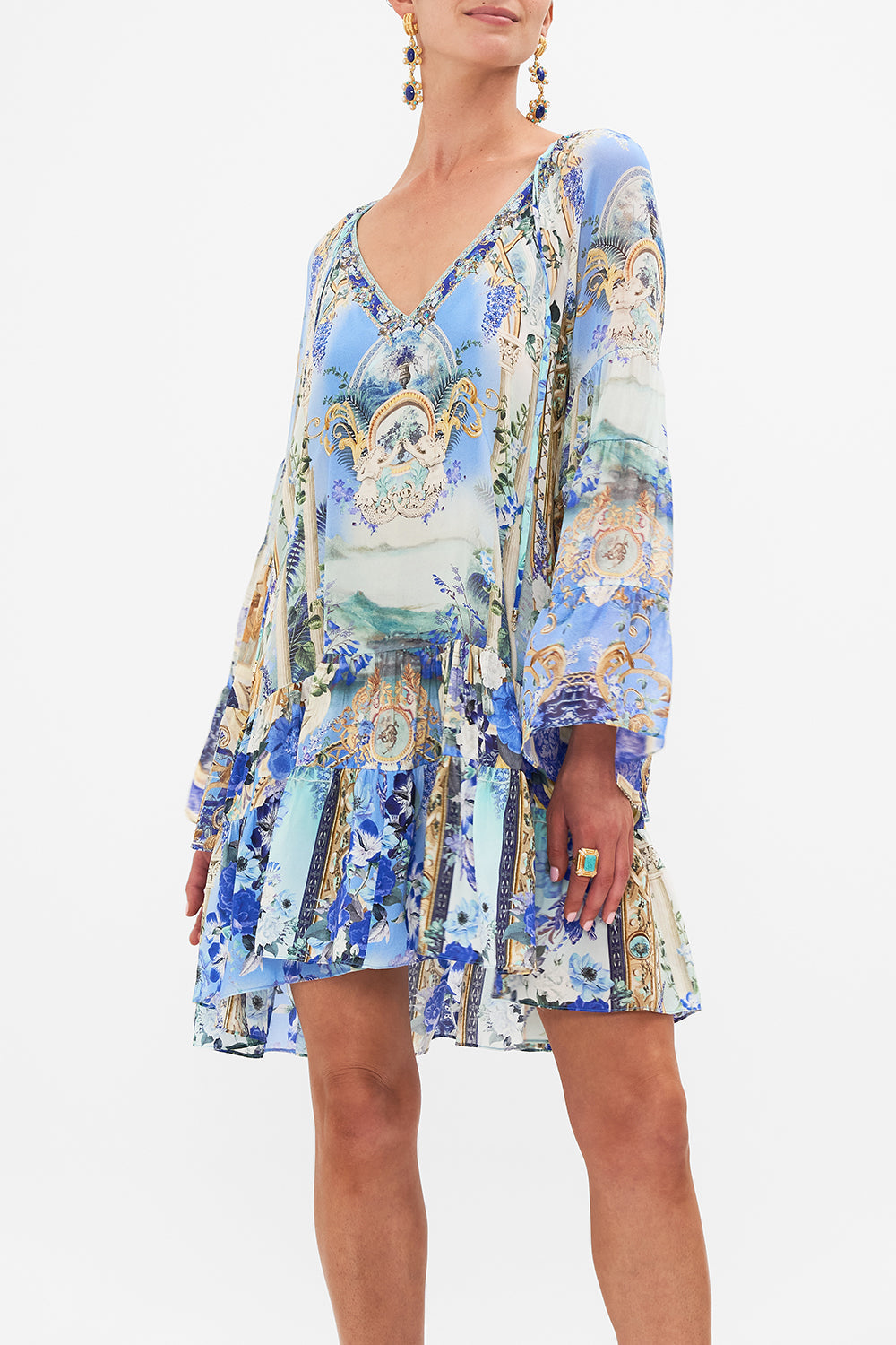 Detail view of model wearing CAMILLA A Line dress in Views Of Vesuvious print