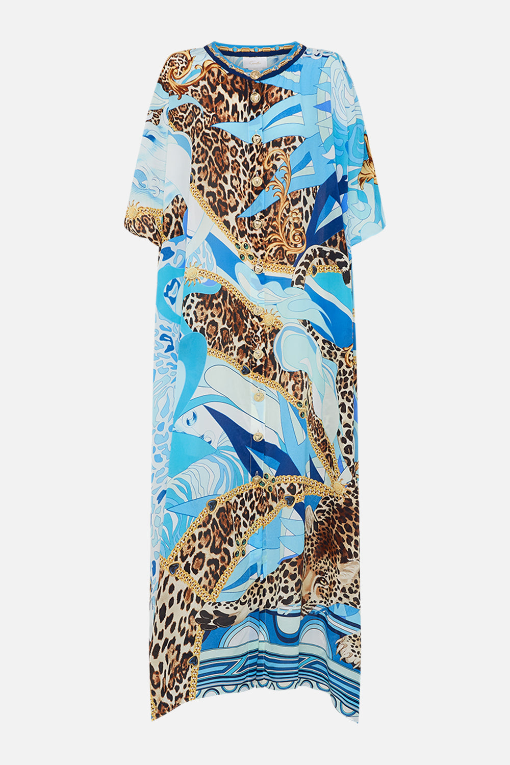 Prouct view of CAMILLA silk kaftan in Sky Cheetah print