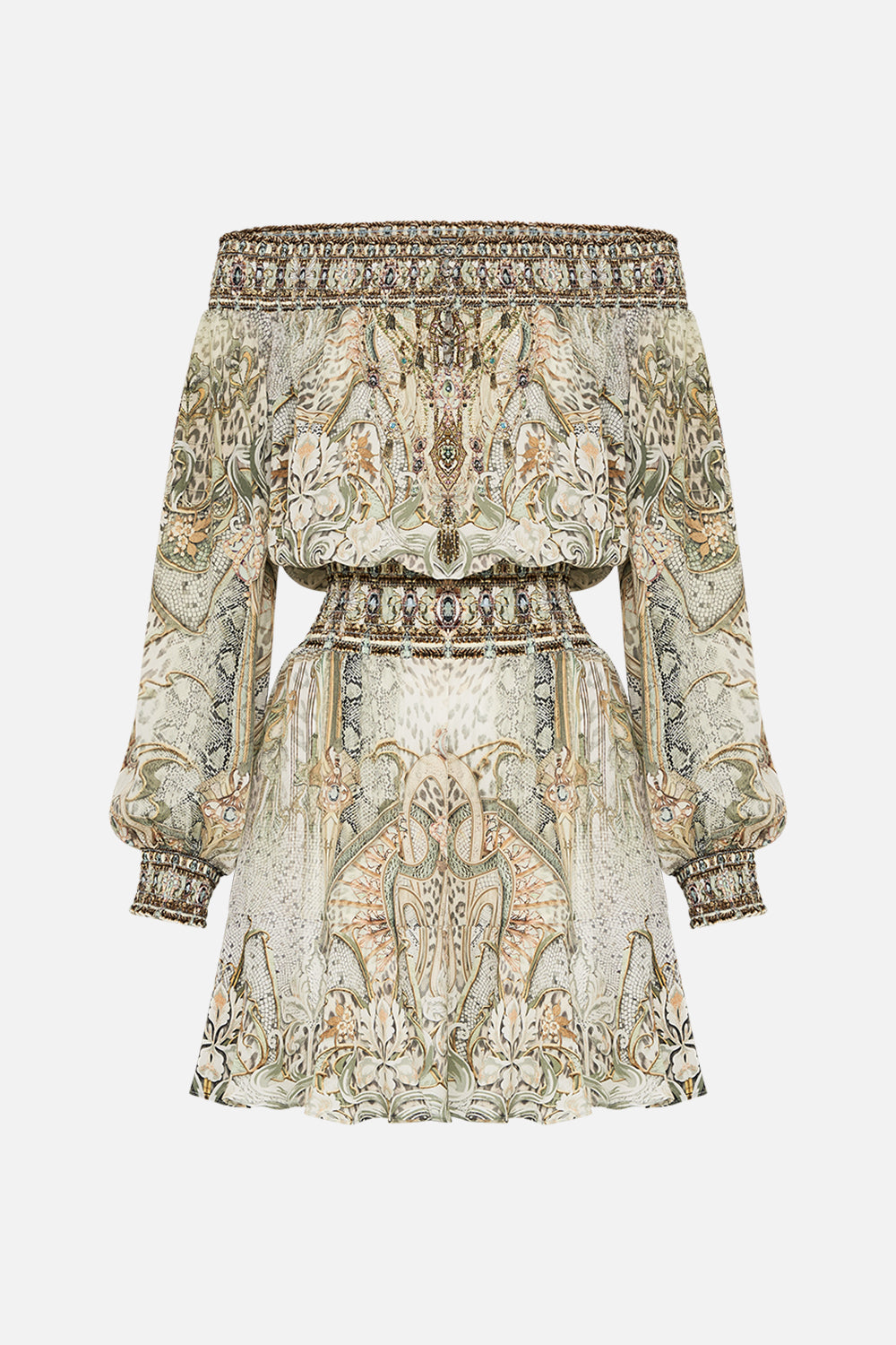 CAMILLA off the shoulder mini dress in Ivory Tower Tales print