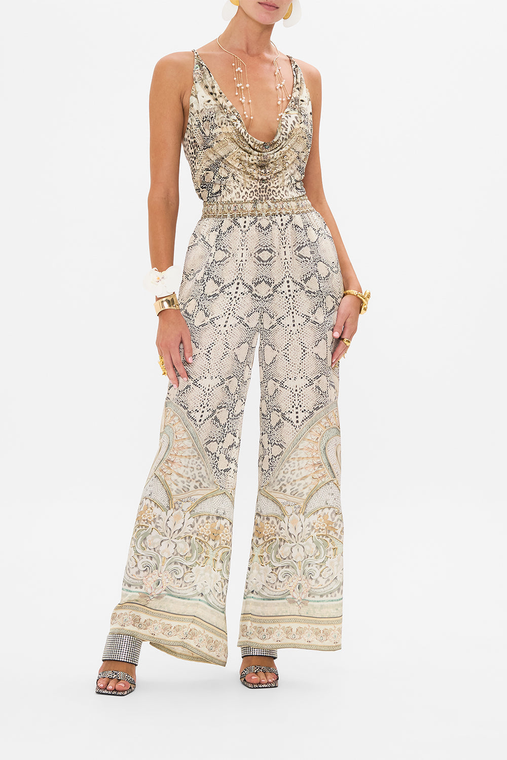 CAMILLA cowl neck jersey top in Ivory Tower Tales print