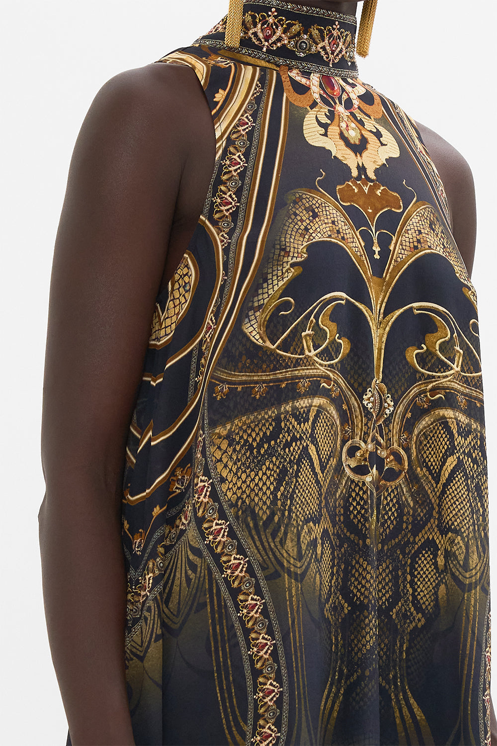 CAMILLA silk mini dress in Nouveau Noir print