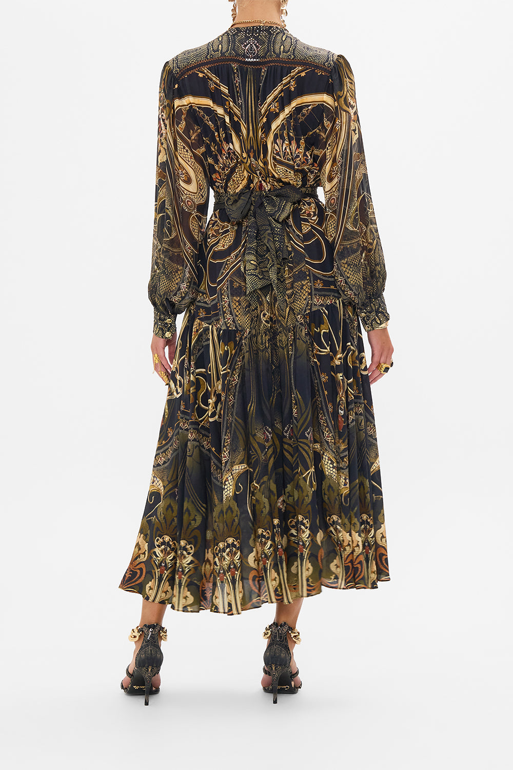 CAMILLA silk button through dress in Nouveau Noir print