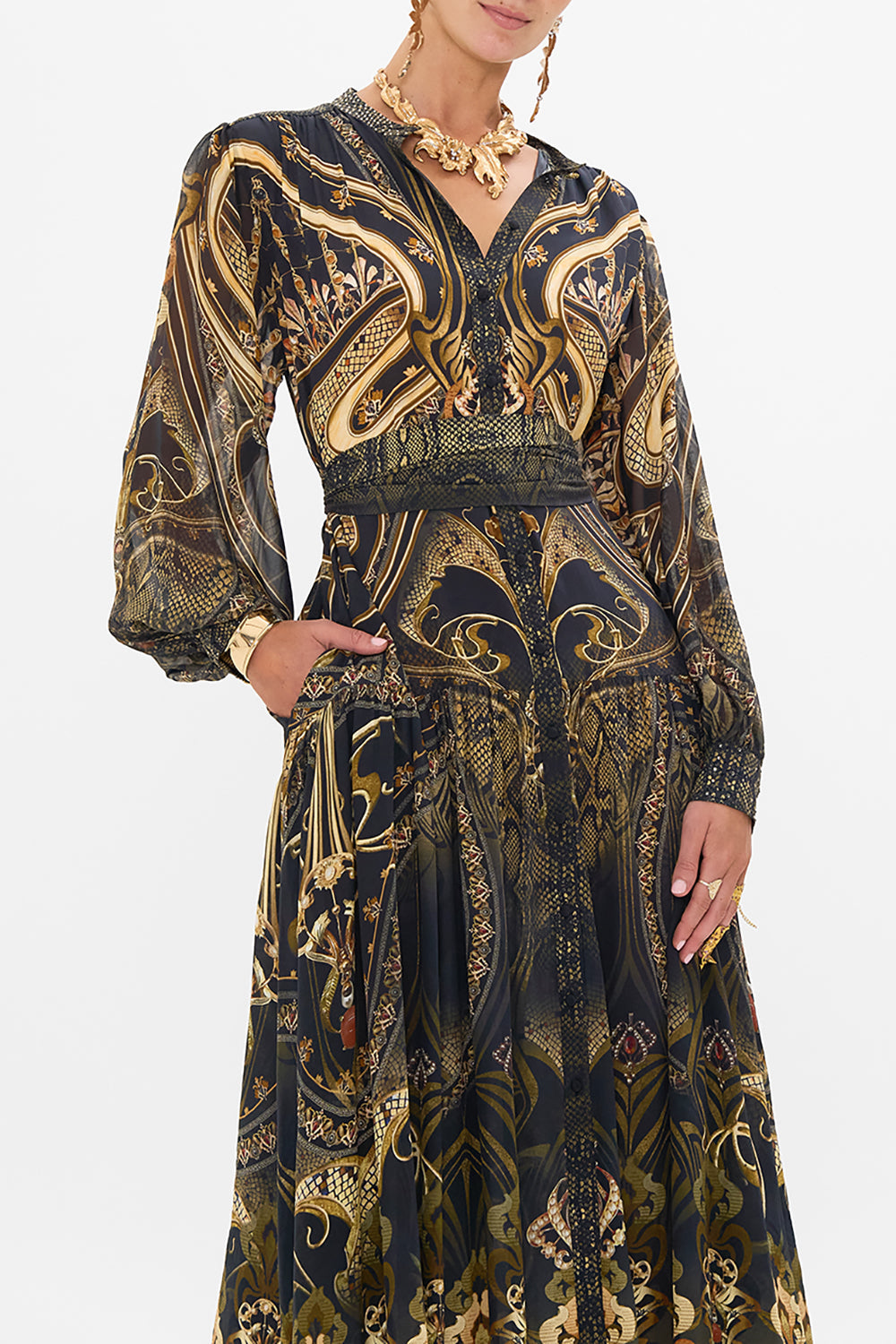 CAMILLA silk button through dress in Nouveau Noir print