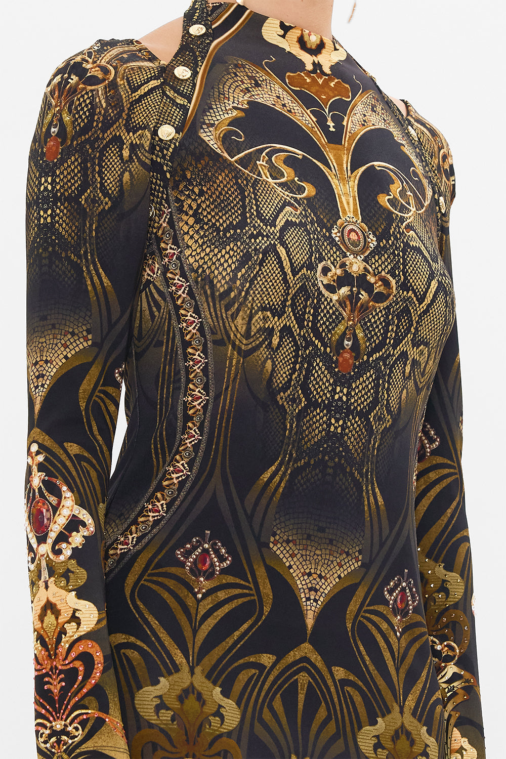 CAMILLA cut out mini dress in Nouveau Noir print