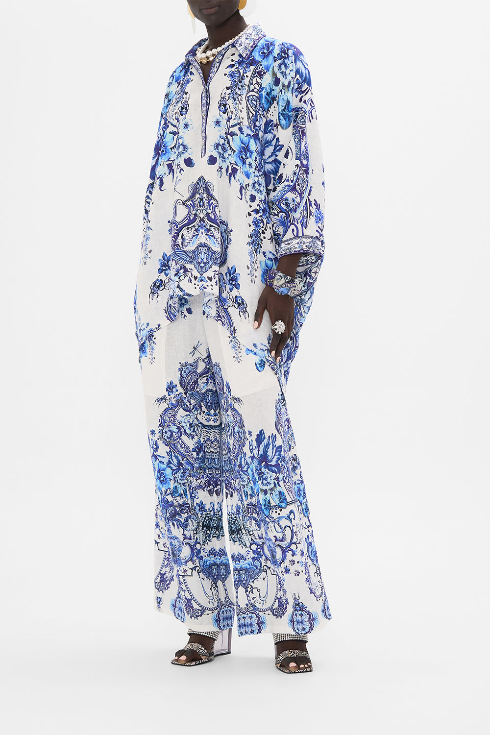 Side view of model wearing CAMILLA silk top in Glaze and Graze print