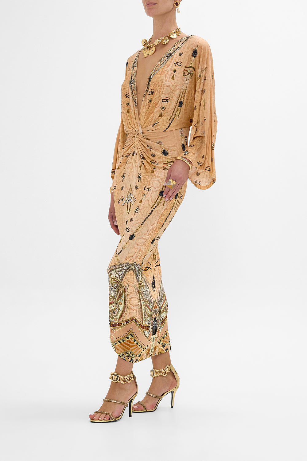 CAMILLA Gold Long Split Front Twist Dress in Kingdom of Hieroglyphs Print
