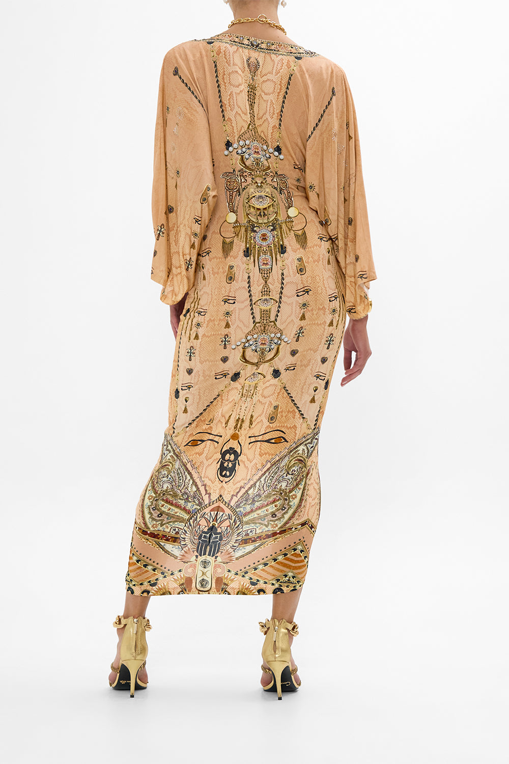 CAMILLA Gold Long Split Front Twist Dress in Kingdom of Hieroglyphs Print