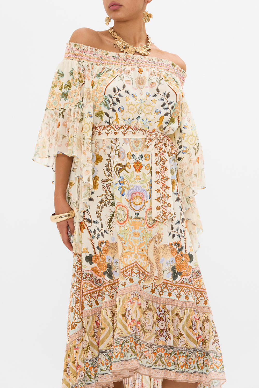 CAMILLA High Low Hem Off Shoulder Dress in Honour of Heirlooms print