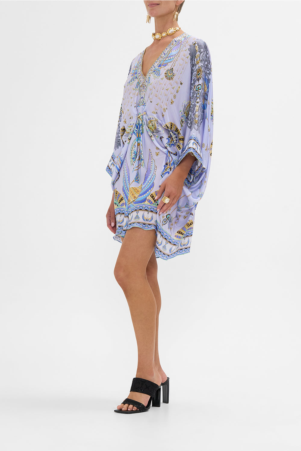 CAMILLA Lilac Pierced V-Neck Short Kaftan in Under Scarab Skies print