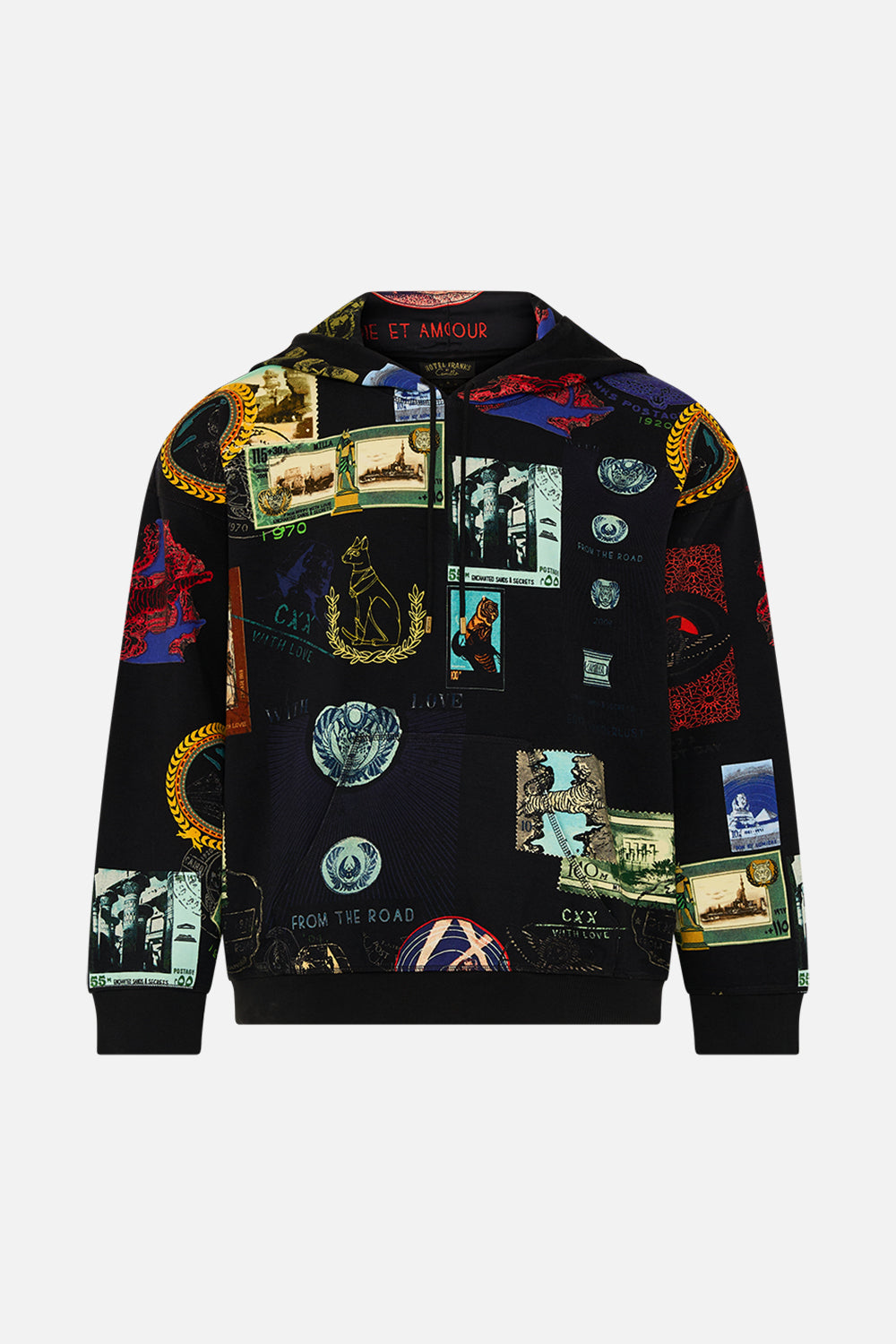Hotel Franks By CAMILLA black oversized relaxed fit hoodie in Landmarks and Love Letters print
