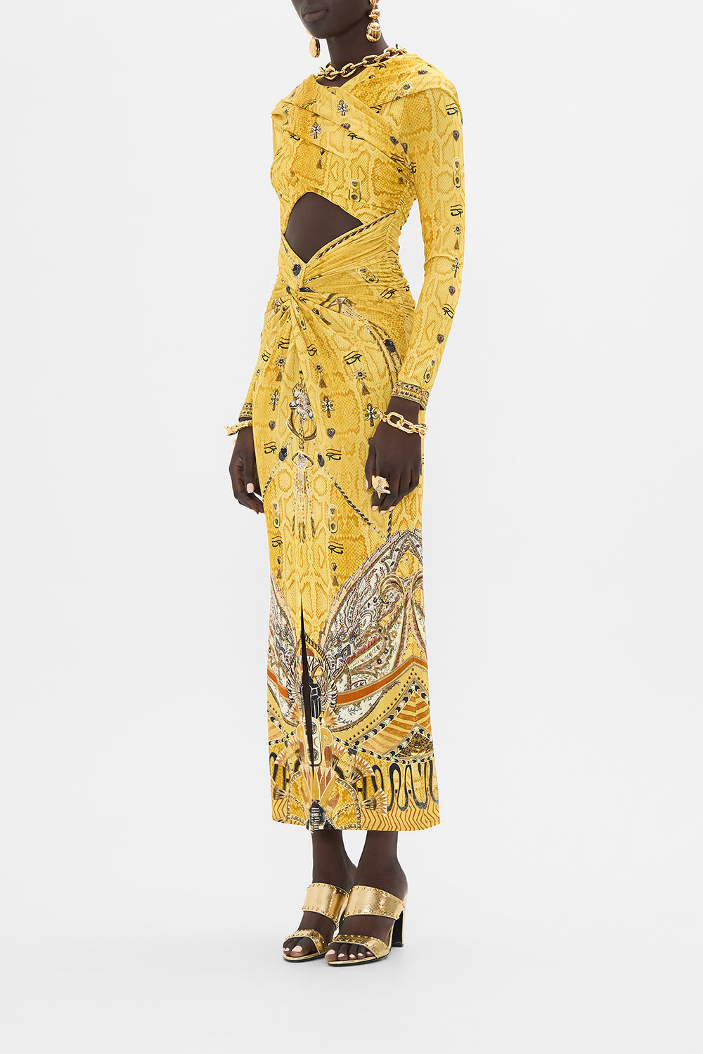 CAMILLA Gold Twist Front Jersey Hooded Dress in Valley of the Kings Print
