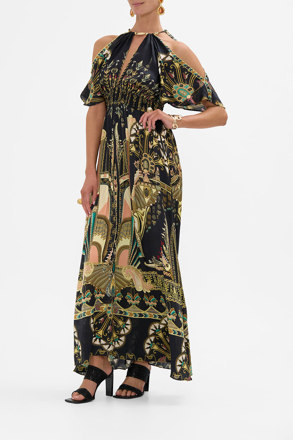 CAMILLA Neck Piece Shirred Waist Long Dress in They Called Her Nefertari print