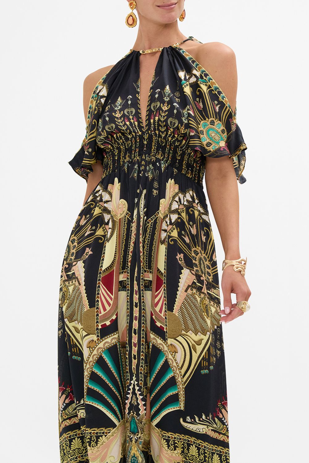CAMILLA Neck Piece Shirred Waist Long Dress in They Called Her Nefertari print