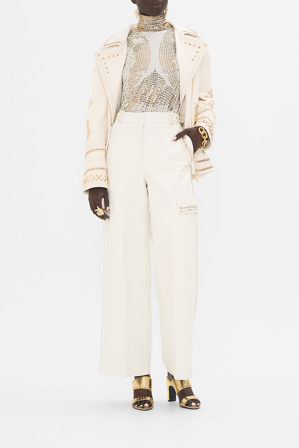 CAMILLA Oversized Leather Biker Jacket in Valley of the Queens print