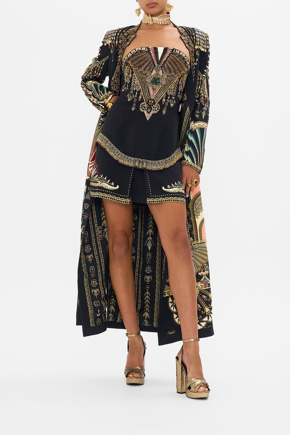 CAMILLA Black/Gold Heavily Embellished Curved Hem Detail Corset in They Called Her Nefertari print