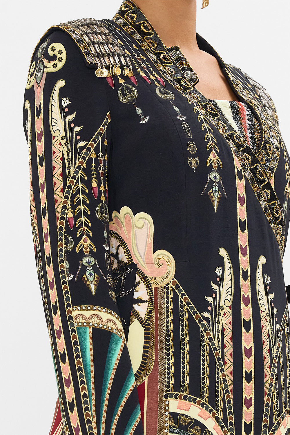 CAMILLA Black/Gold Hand Embellished Cross Over Coat in They Called Her Nefertari print