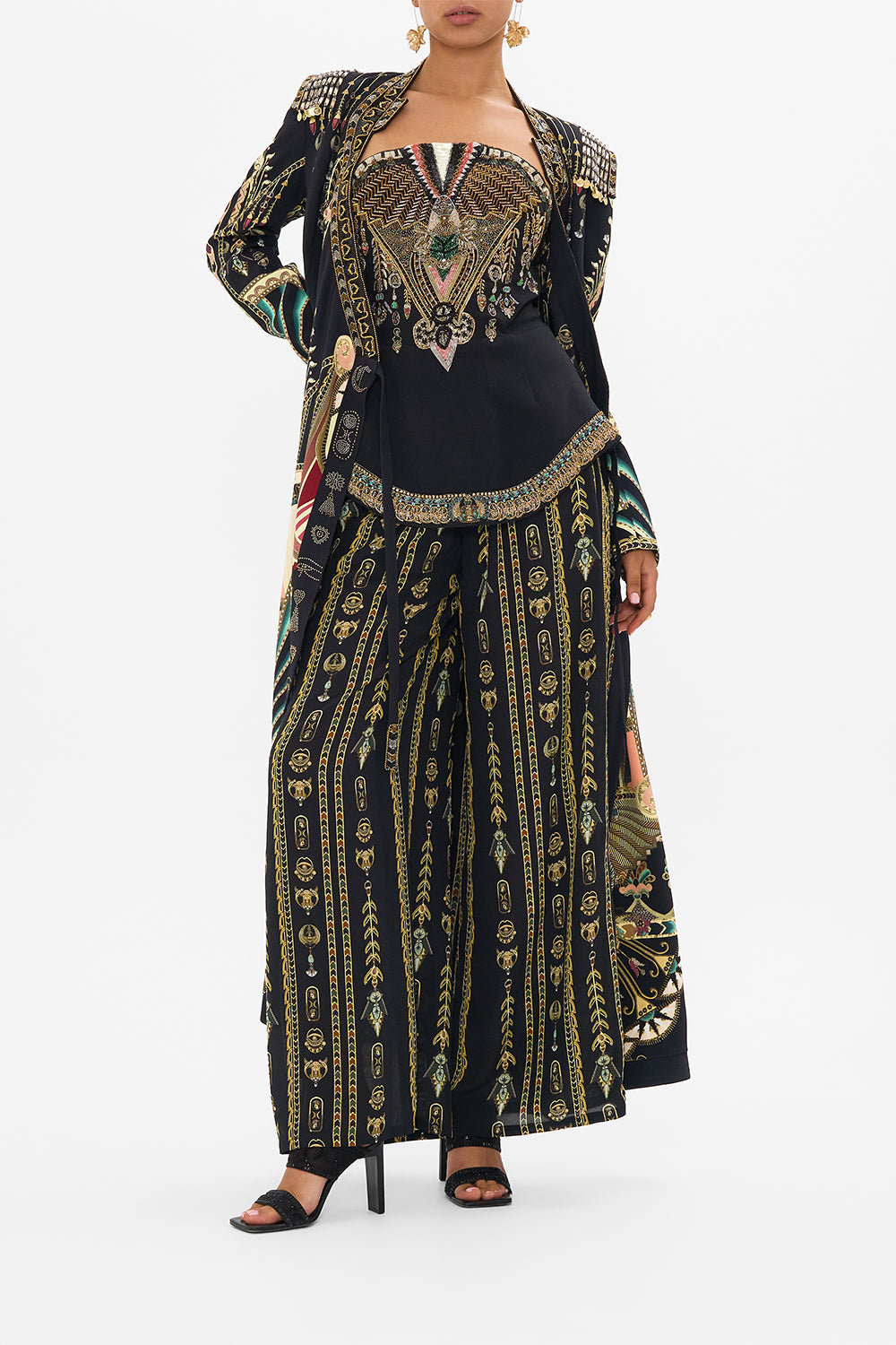 CAMILLA Black/Gold Hand Embellished Cross Over Coat in They Called Her Nefertari print