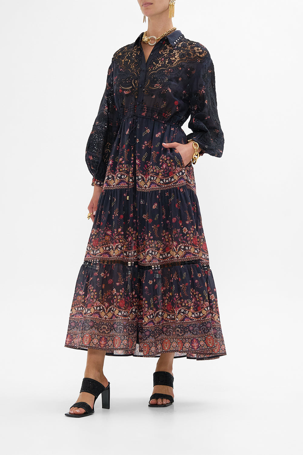 CAMILLA Embroidered Tiered Long Shirt Dress Loom to Tomb print