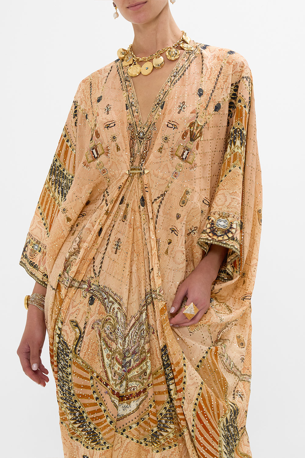 CAMILLA Gold Pierced V-Neck Embellished Kaftan in Kingdom of Hieroglyphs Print