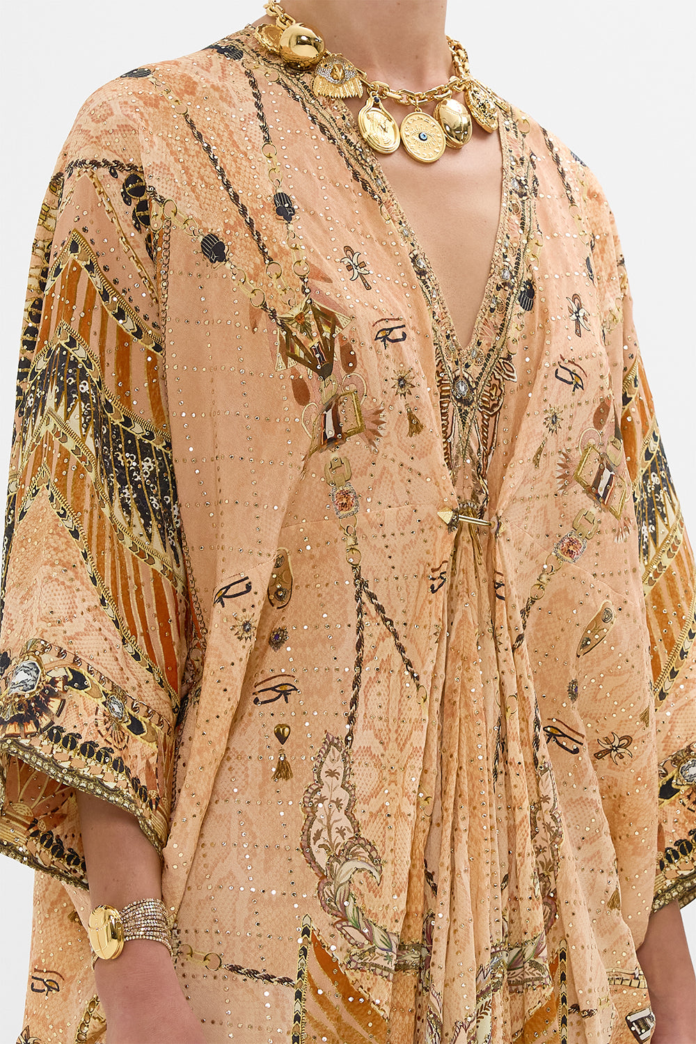CAMILLA Gold Pierced V-Neck Embellished Kaftan in Kingdom of Hieroglyphs Print