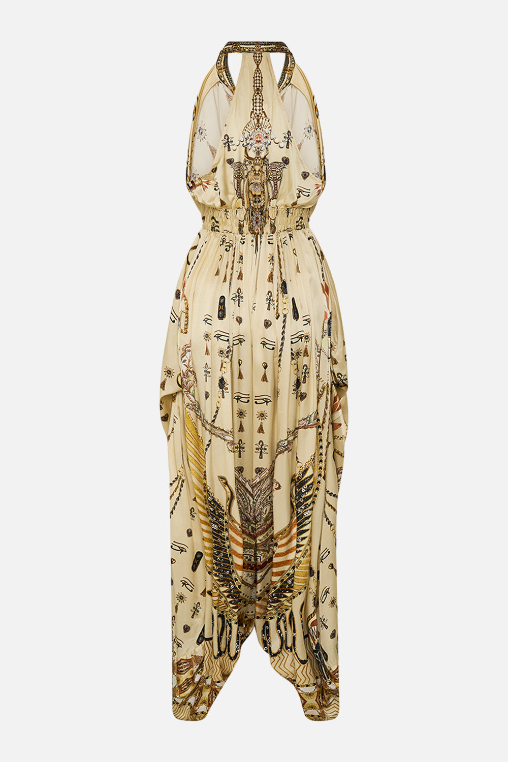 CAMILLA Gold Jumpsuit with Drop Crotch in Gateway to the Afterlife Print