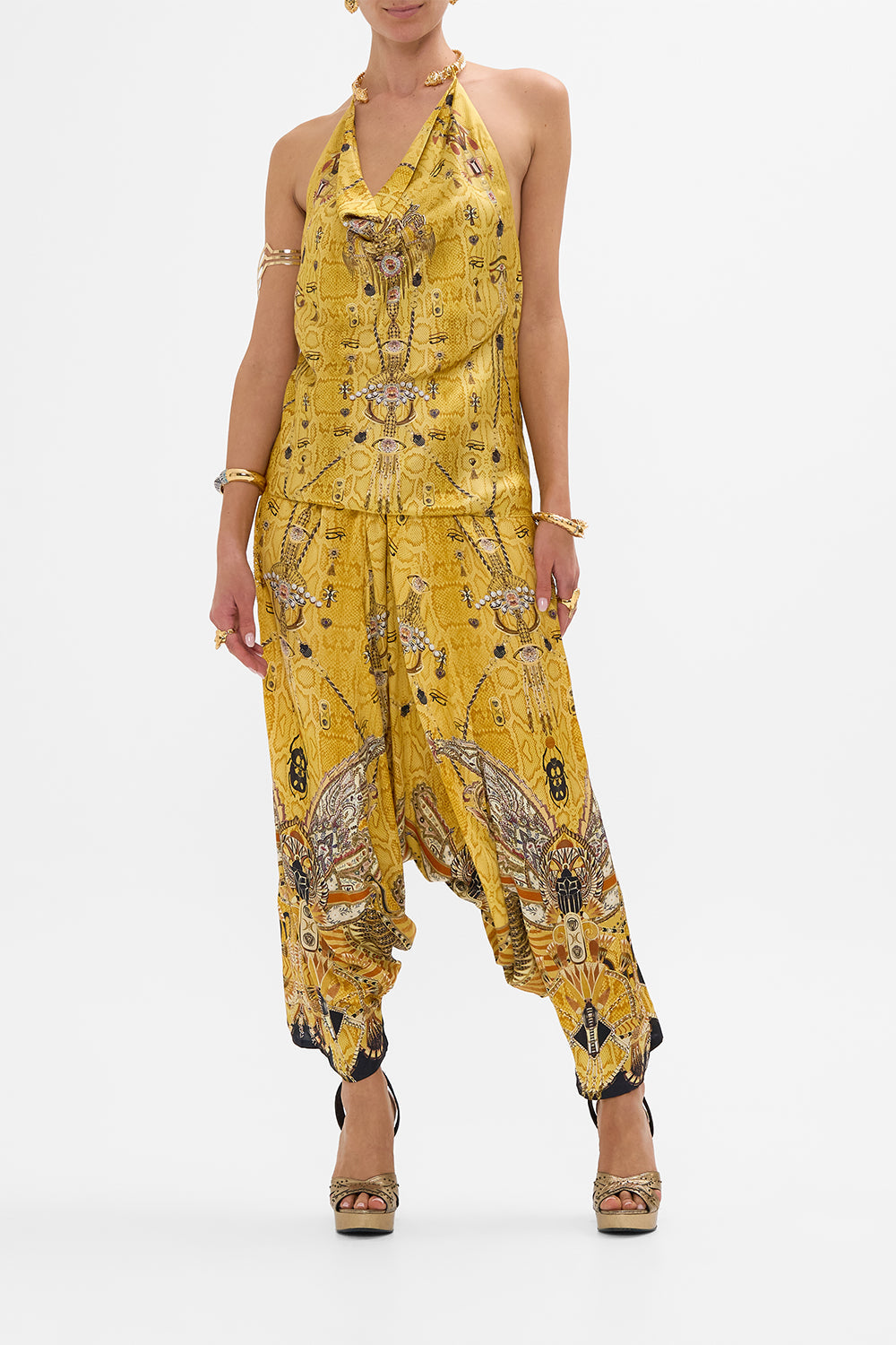 CAMILLA Gold Draped Top with Hardware in Valley of the Kings Print