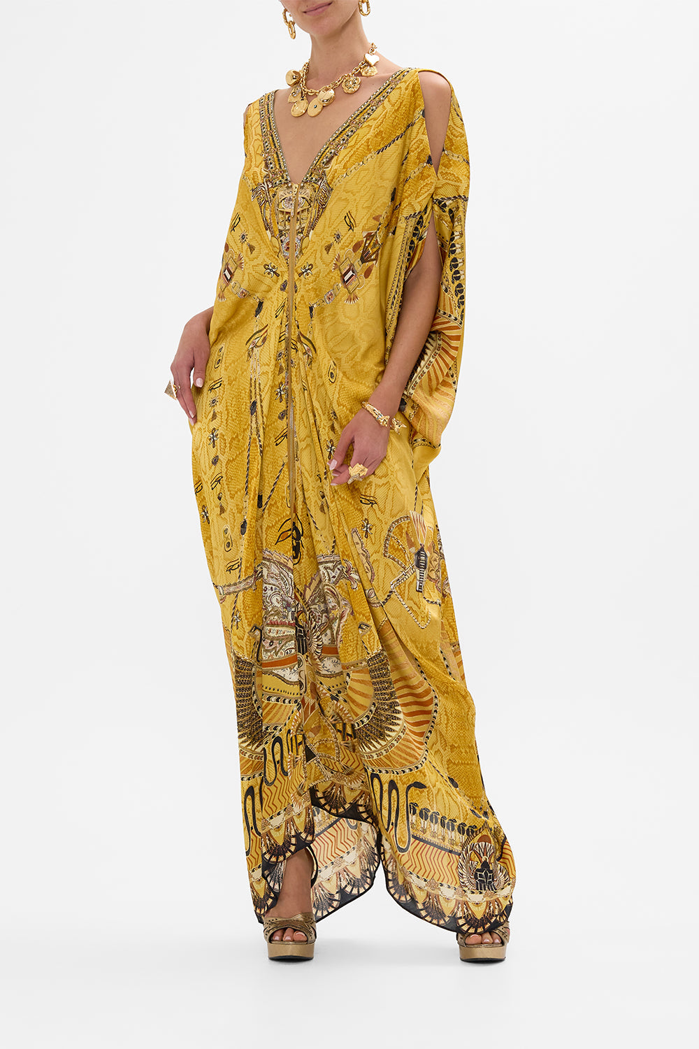 CAMILLA Gold Long Drape Dress with Zip Front in Valley of the Kings Print