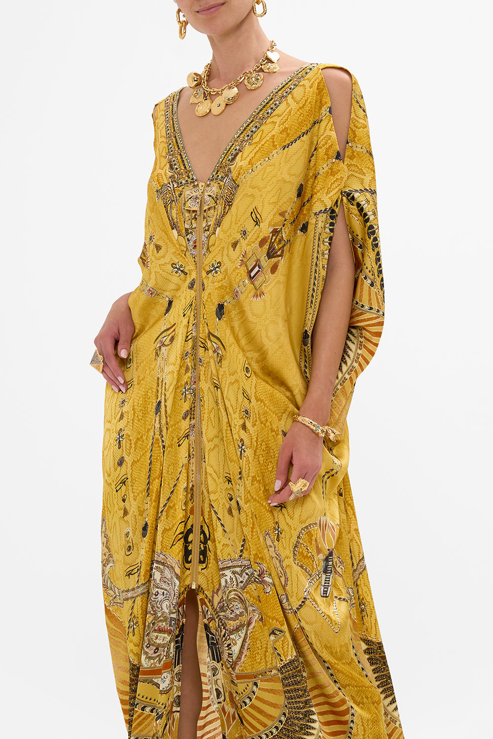 CAMILLA Gold Long Drape Dress with Zip Front in Valley of the Kings Print