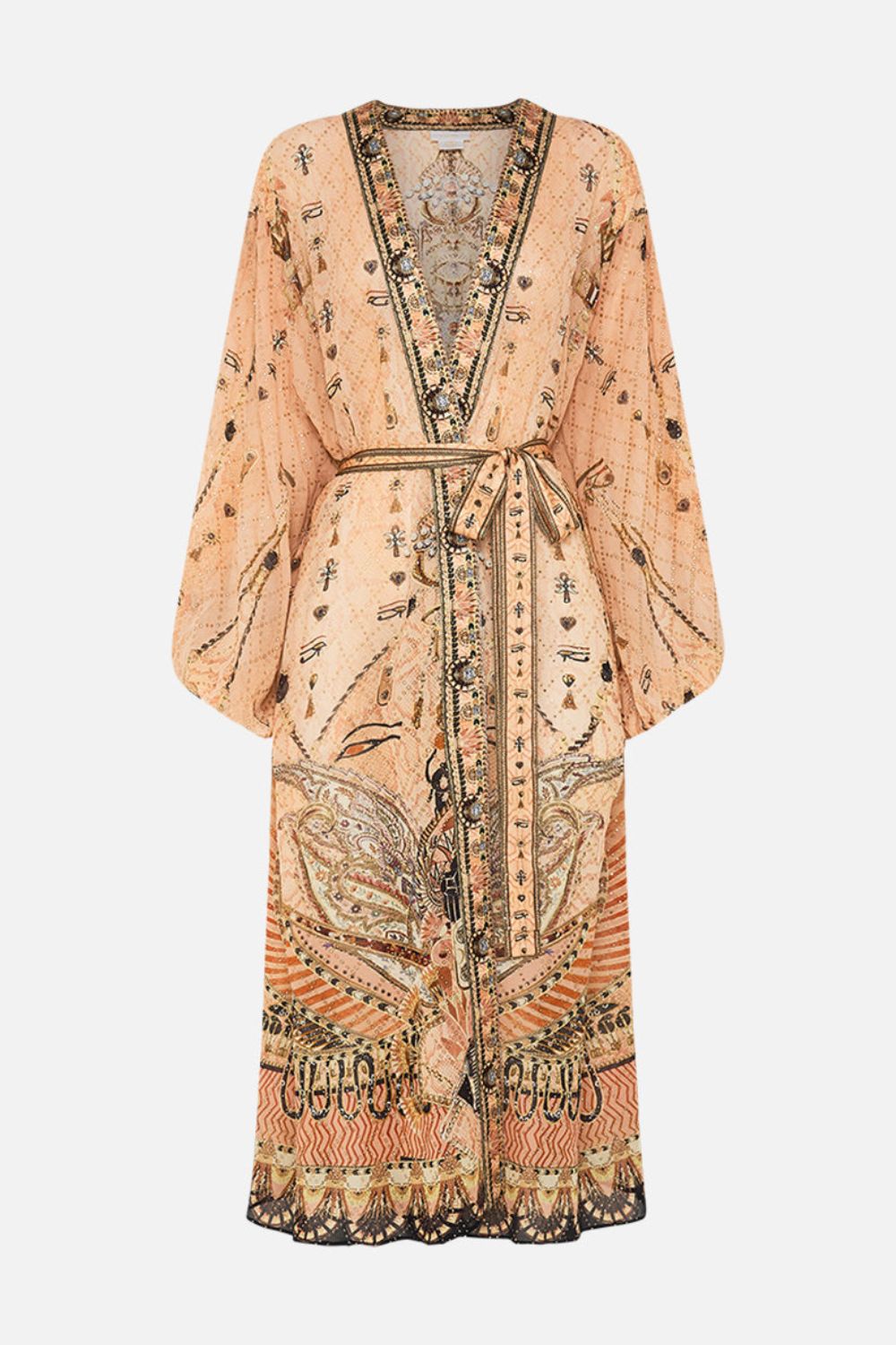 CAMILLA Gold Blouson Sleeve Embellished Layer in Kingdom of Hieroglyphs Print
