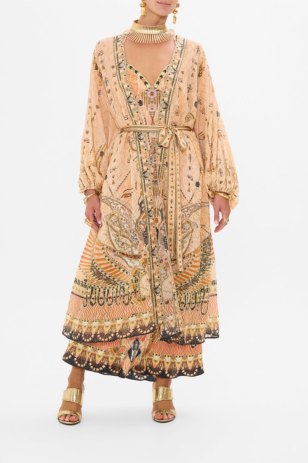 CAMILLA Gold Blouson Sleeve Embellished Layer in Kingdom of Hieroglyphs Print