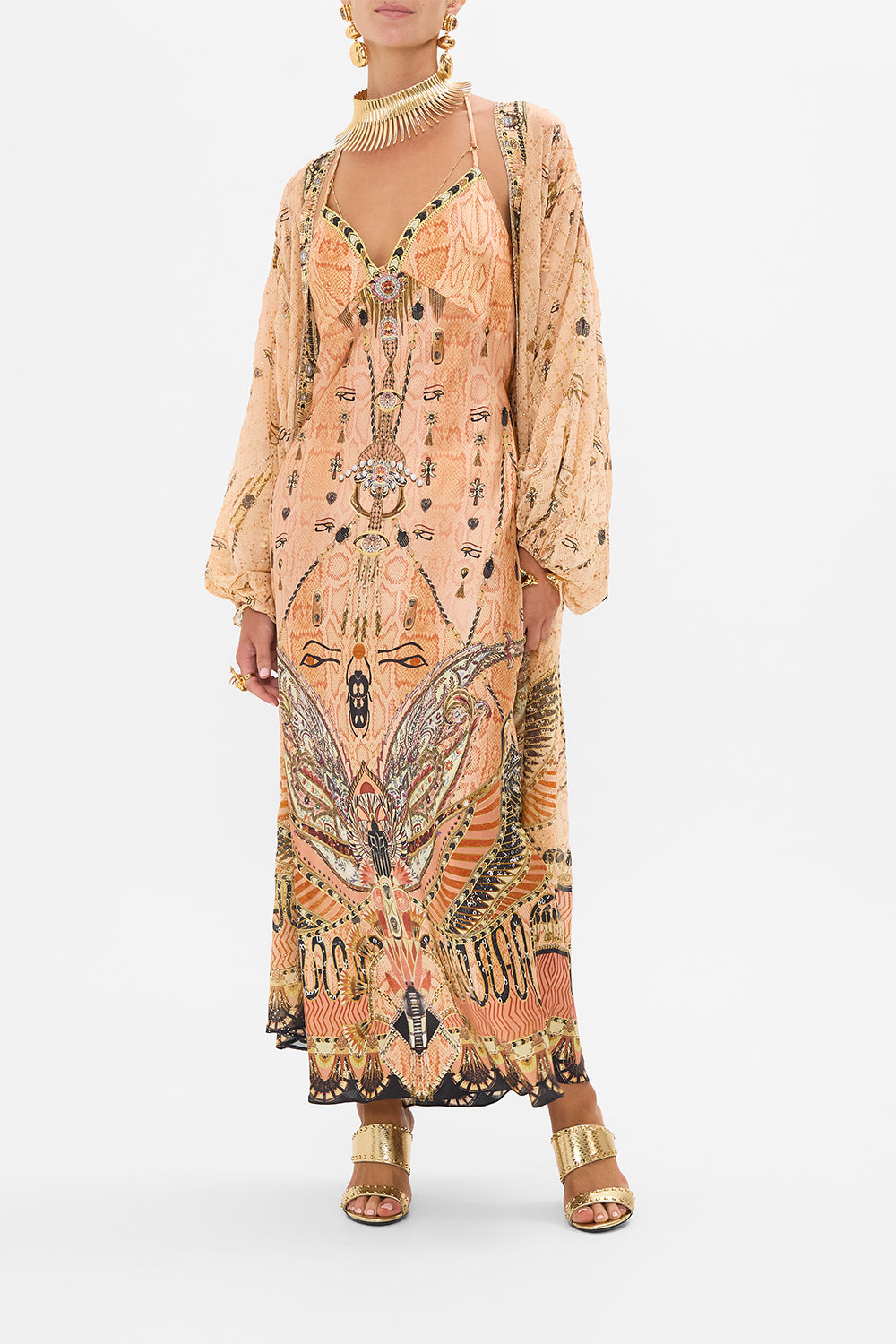 CAMILLA Gold Blouson Sleeve Embellished Layer in Kingdom of Hieroglyphs Print