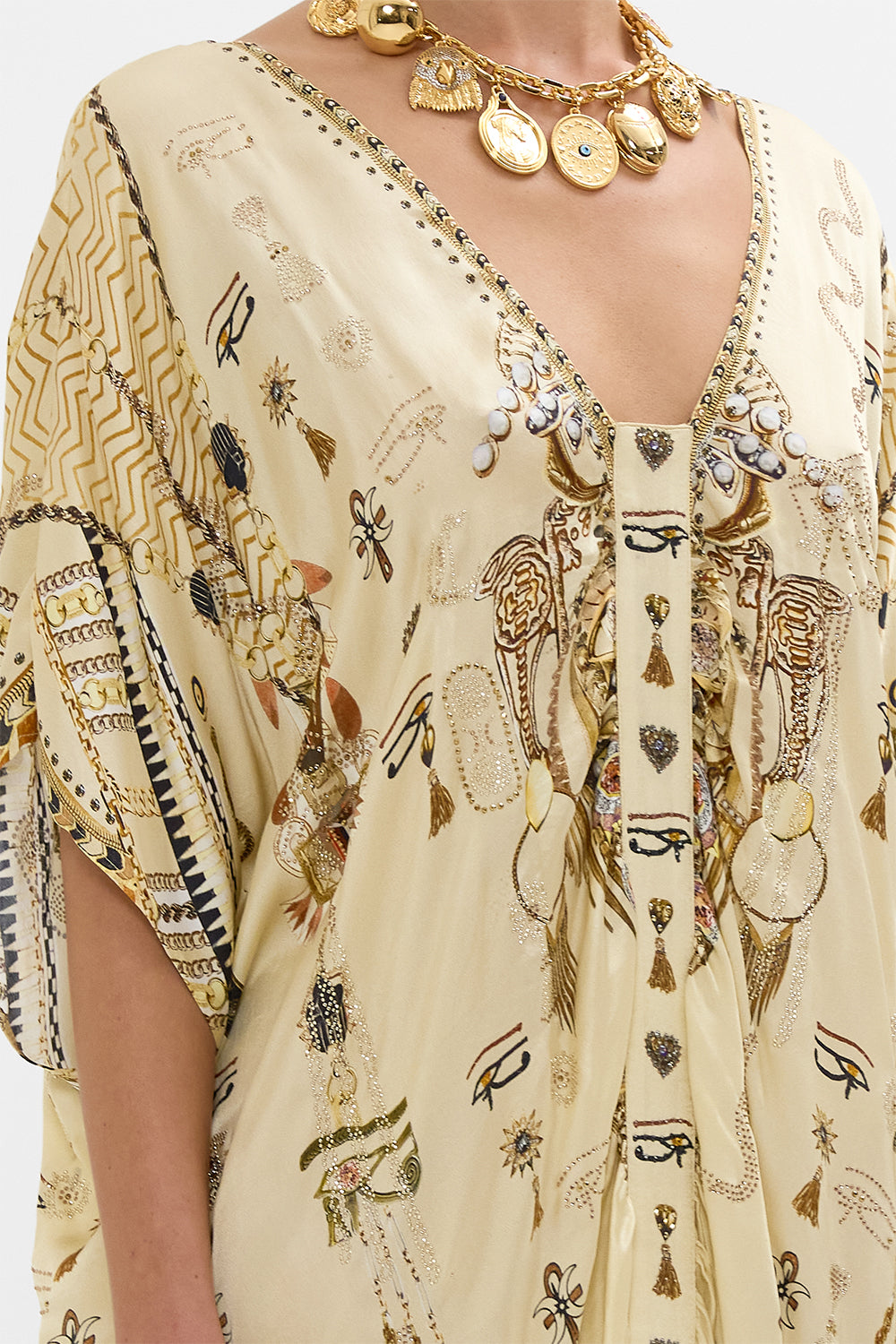 CAMILLA Gold Kaftan with Front Tab Detail in Gateway to the Afterlife Print