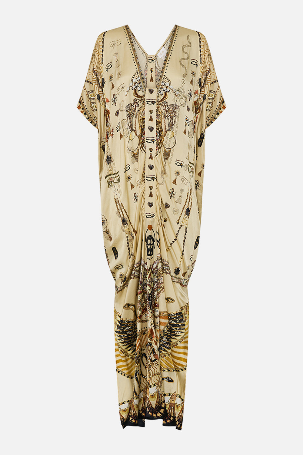 CAMILLA Gold Kaftan with Front Tab Detail in Gateway to the Afterlife Print