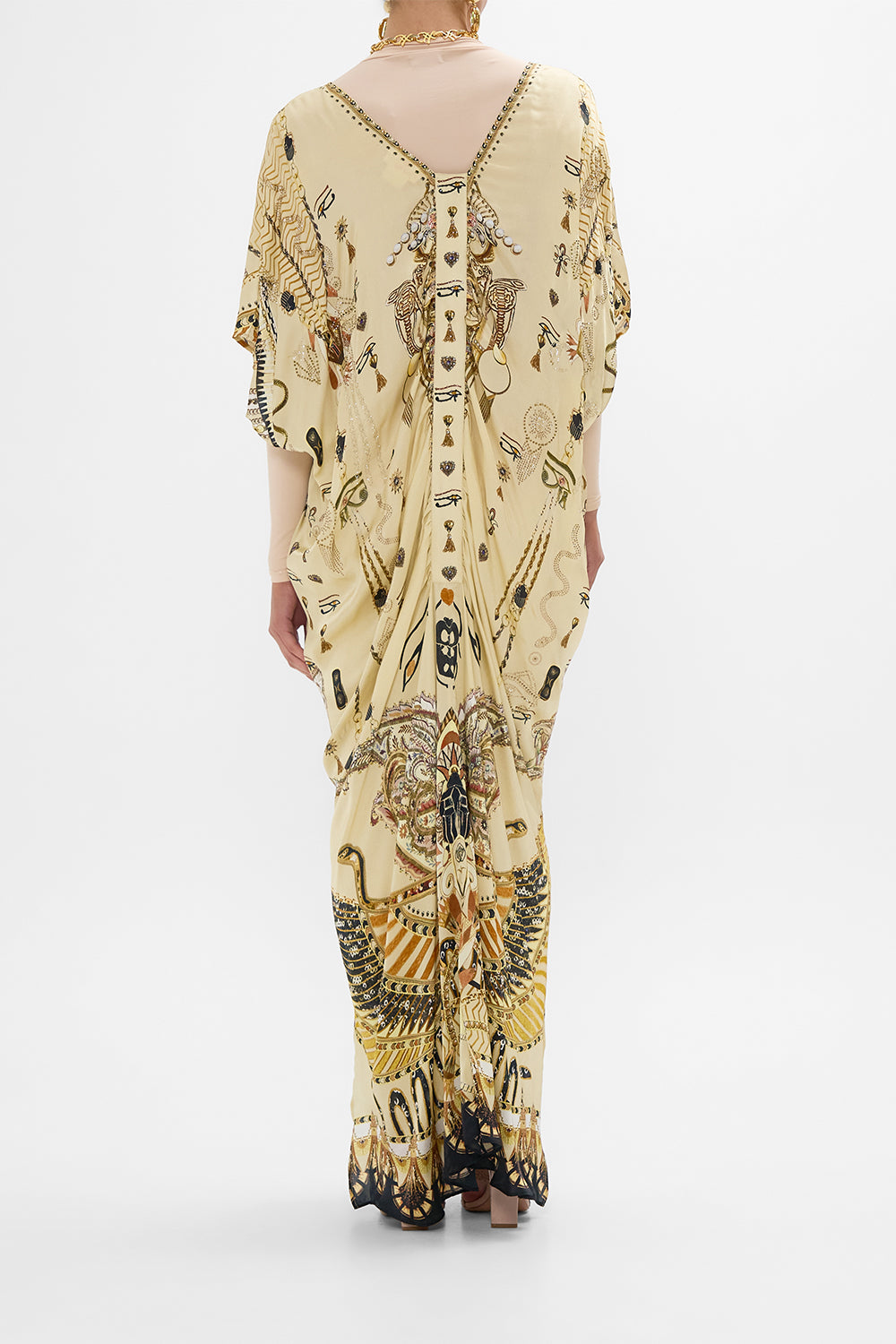 CAMILLA Gold Kaftan with Front Tab Detail in Gateway to the Afterlife Print