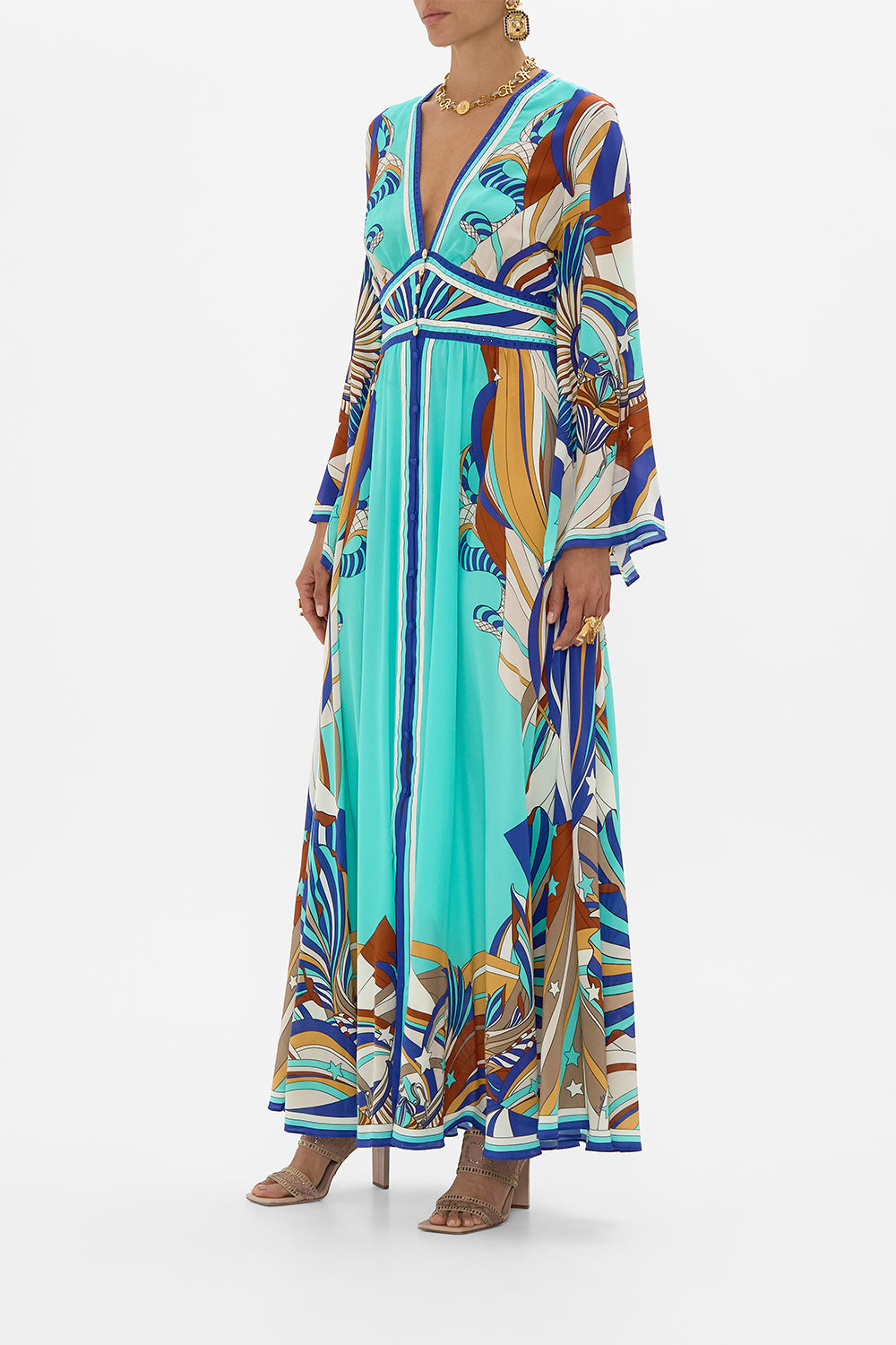 CAMILLA Kimono Sleeve Dress With Shirring Detail in Oasis Oracle.