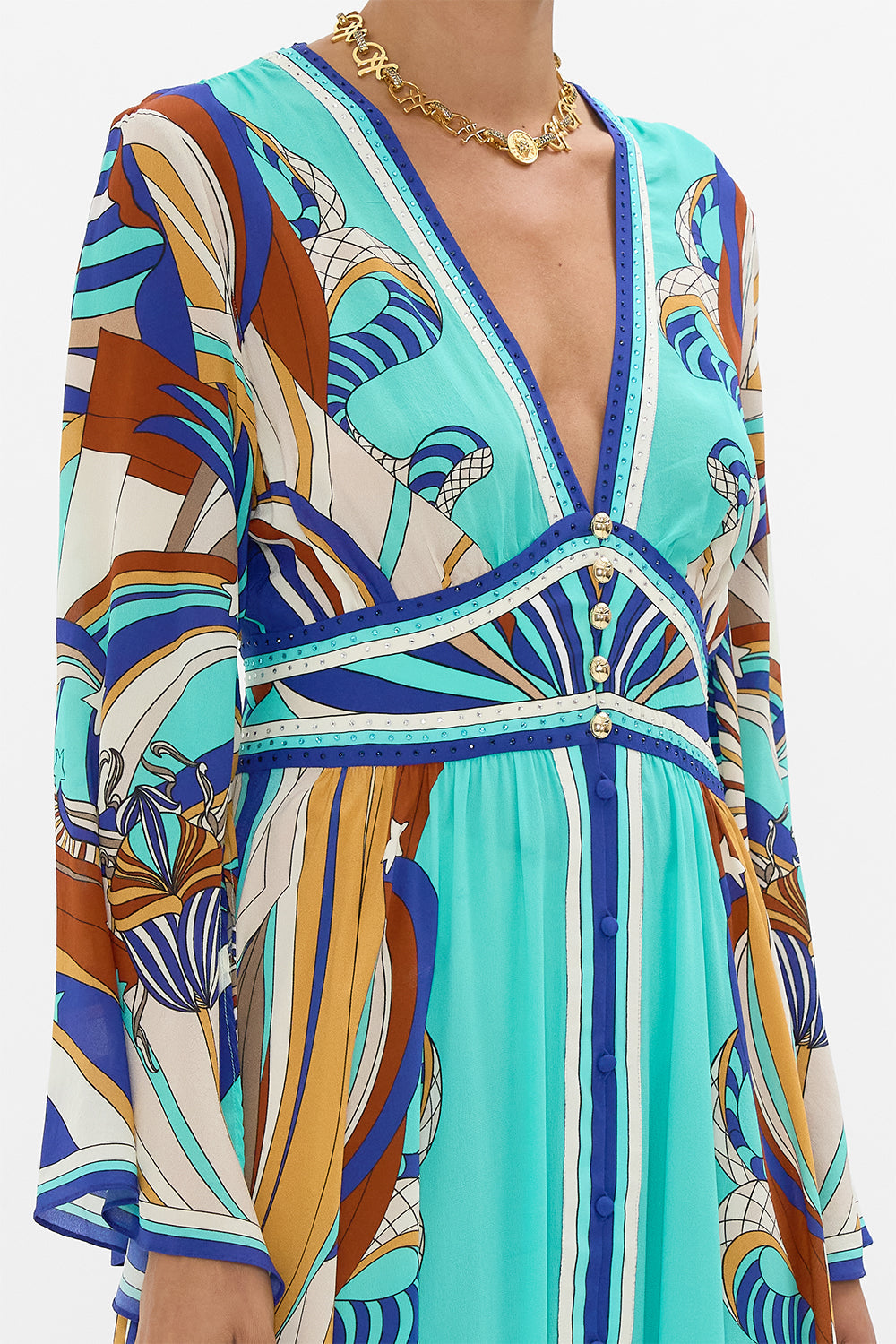 CAMILLA Kimono Sleeve Dress With Shirring Detail in Oasis Oracle.