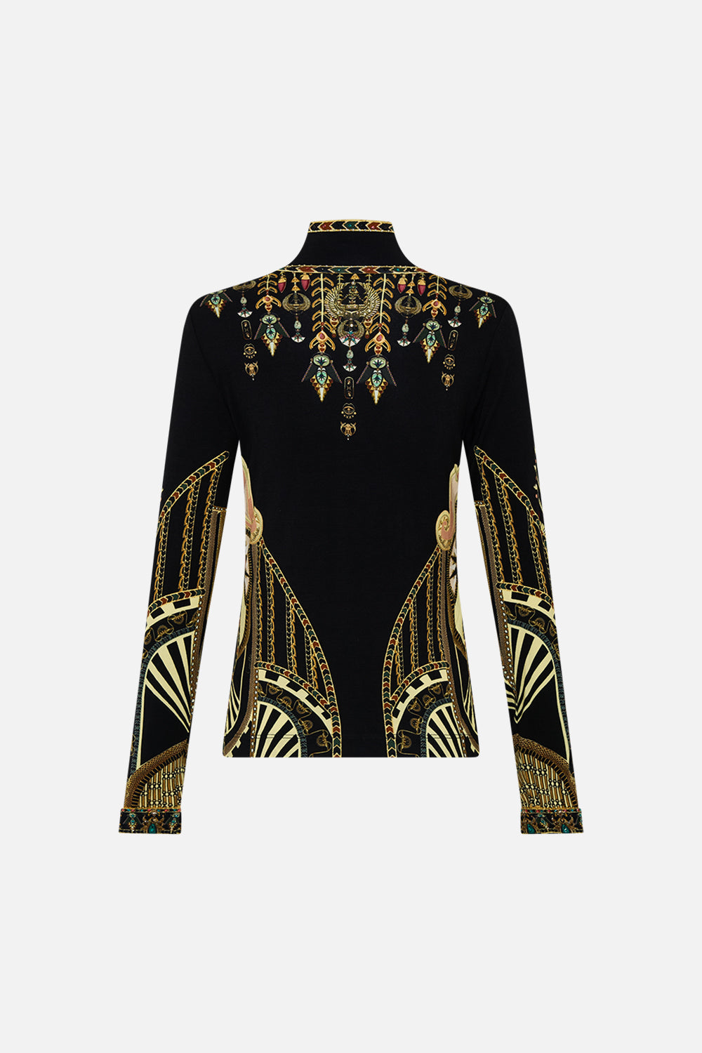 CAMILLA Black/Gold Jersey Turtleneck in They Called Her Nefertari print