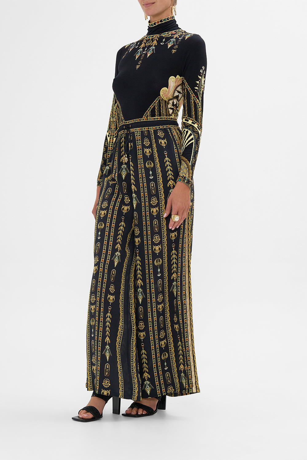 CAMILLA Black/Gold Jersey Turtleneck in They Called Her Nefertari print