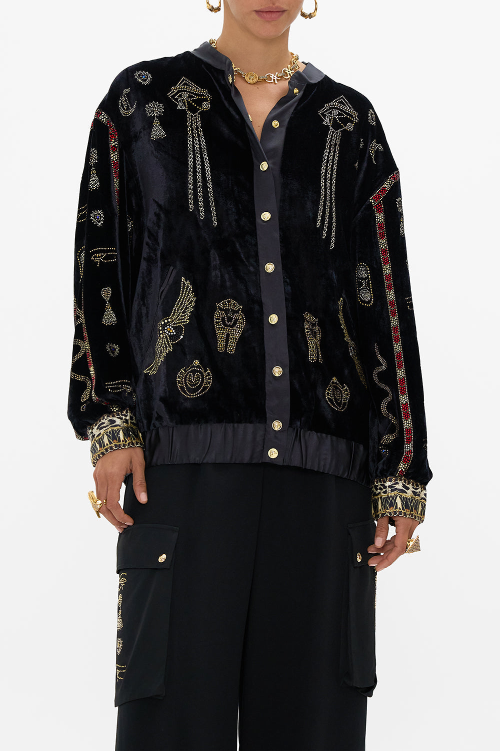 CAMILLA Velvet Lonline Varsity Jacket in Cat Worship print.