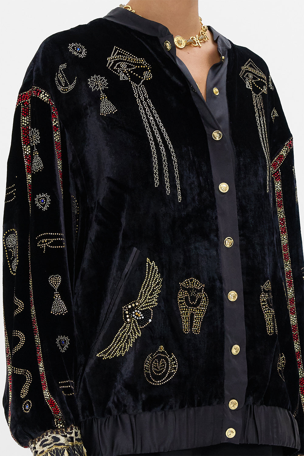 CAMILLA Velvet Lonline Varsity Jacket in Cat Worship print.