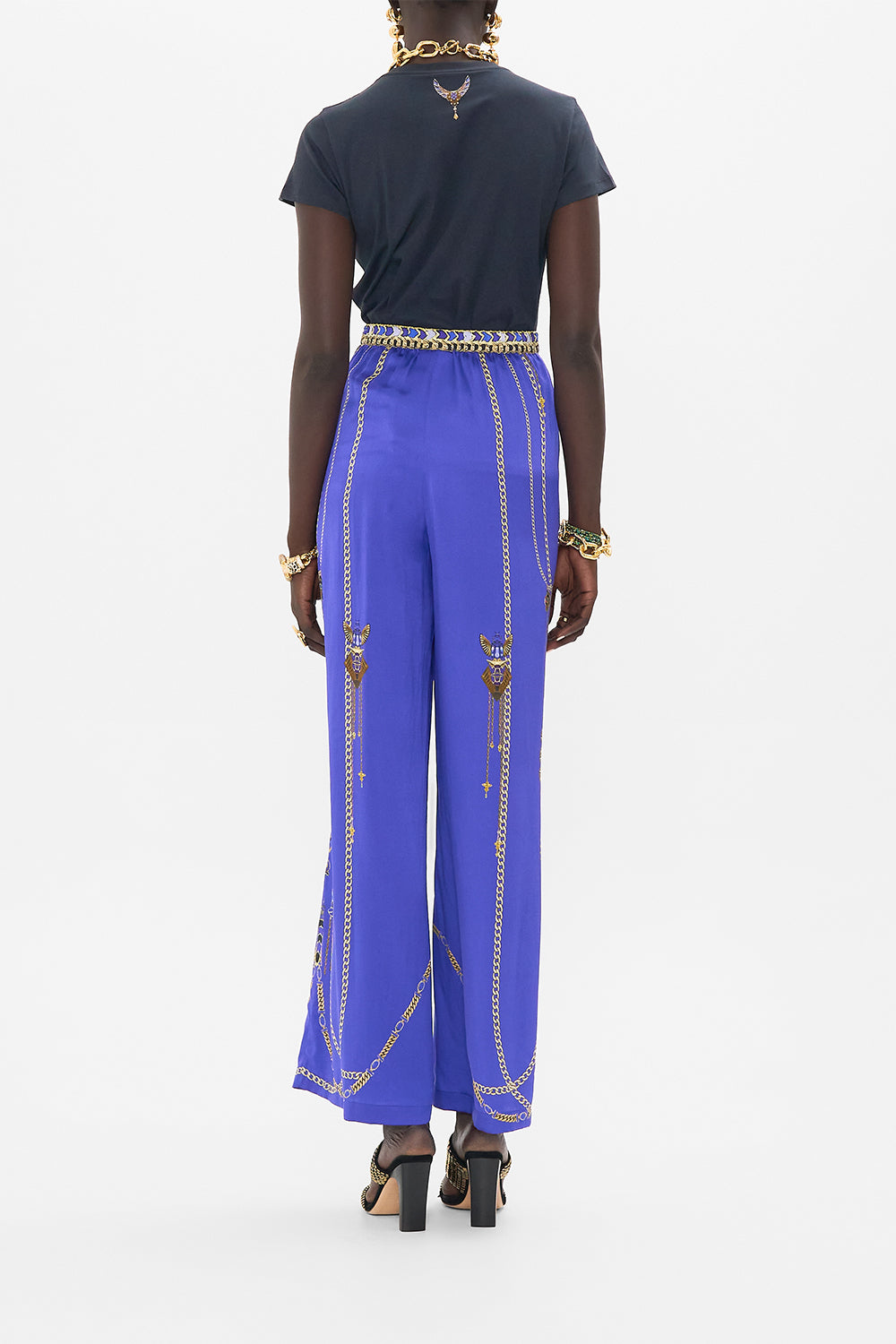 CAMILLA Black Slim Fit Round Neck T Shirt in My Fair Pharaoh print.