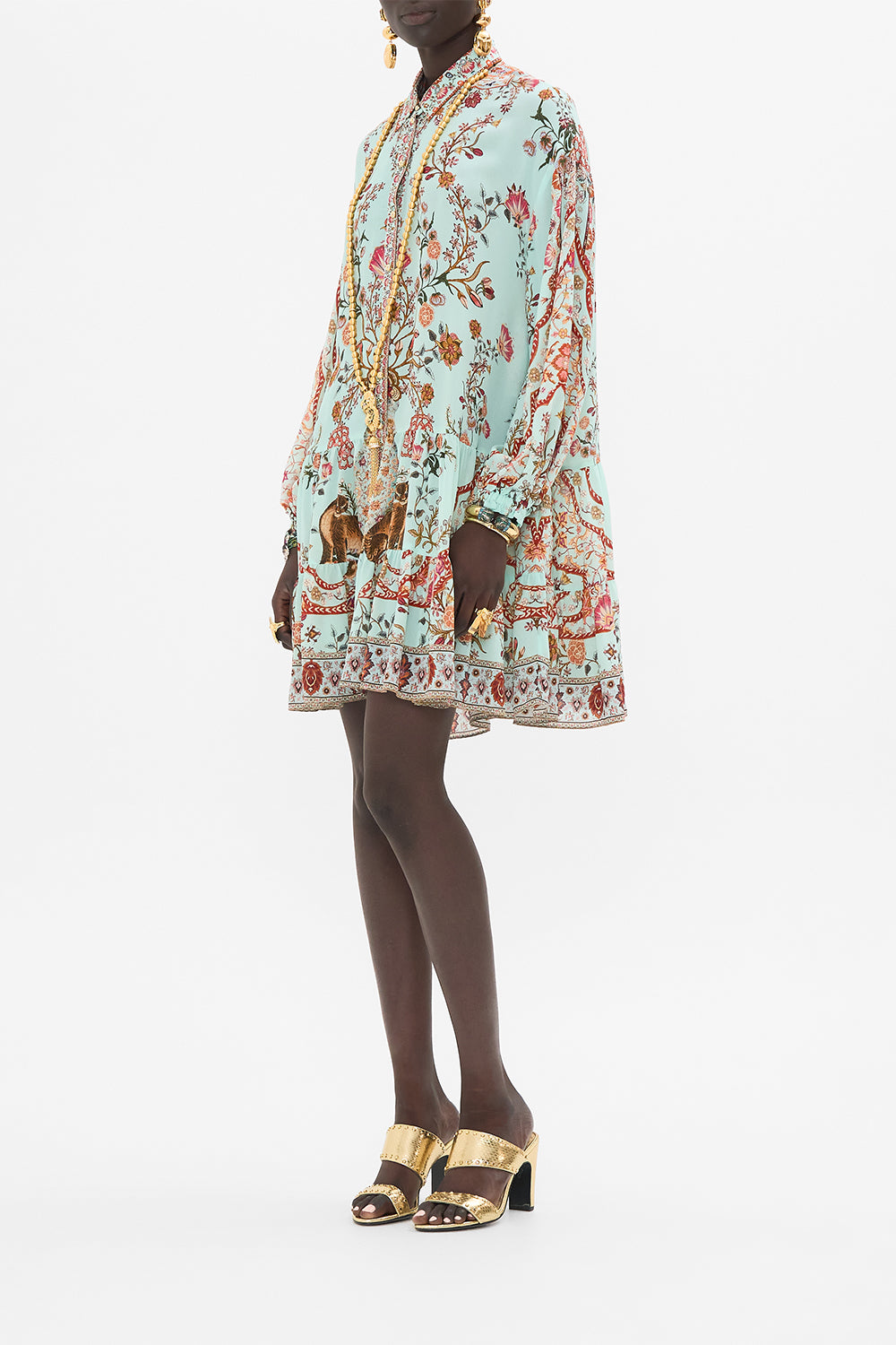 CAMILLA Long Sleeve Tiered Short Dress in Weaving Worlds print