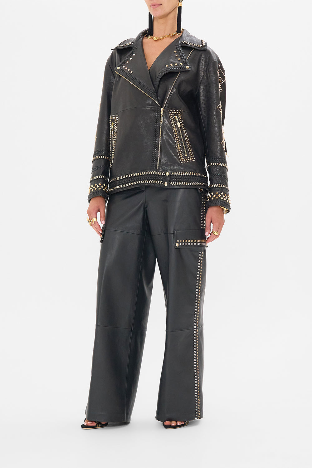 CAMILLA Black/Gold Oversized Leather Biker Jacket in They Called Her Nefertari print
