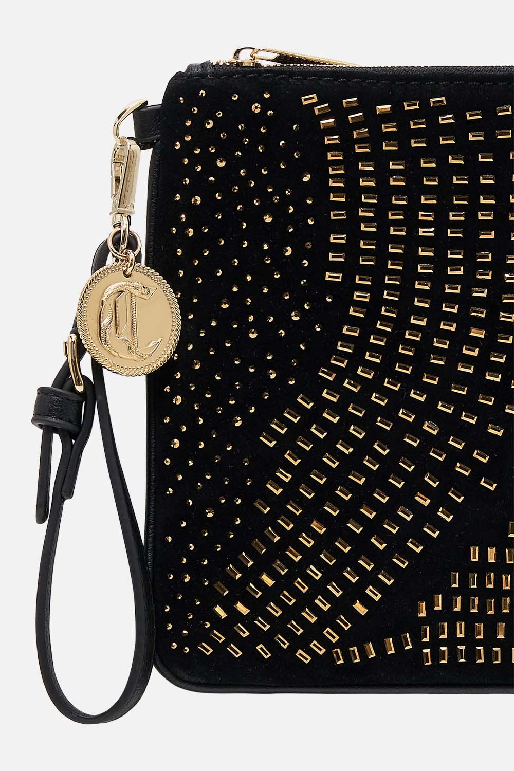 CAMILLA Suede Zip Top Clutch in Solid Black