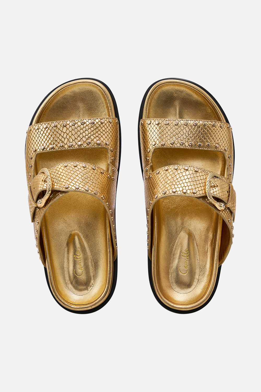 CAMILLA Alisa snake buckle sandal in Gold print