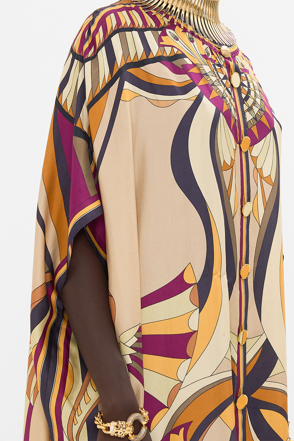 CAMILLA Button Through Batwing Kaftan Dress in Desert Delerium print.