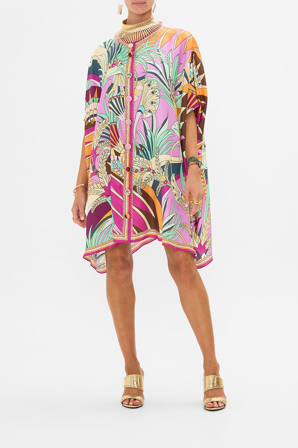 CAMILLA Button Through Batwing Short Kaftan in Giza Goddess Print.