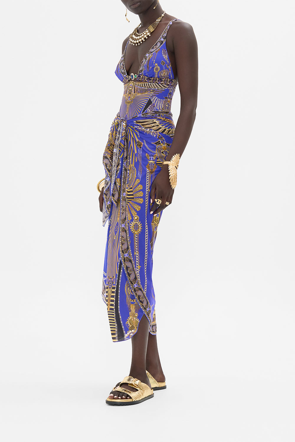 CAMILLA Layered Long Sarong With Front Tie in My Fair Pharaoh print.